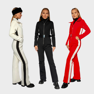 women's ski suit, ski suit for women, red ski suit, black ski suit, white ski suit