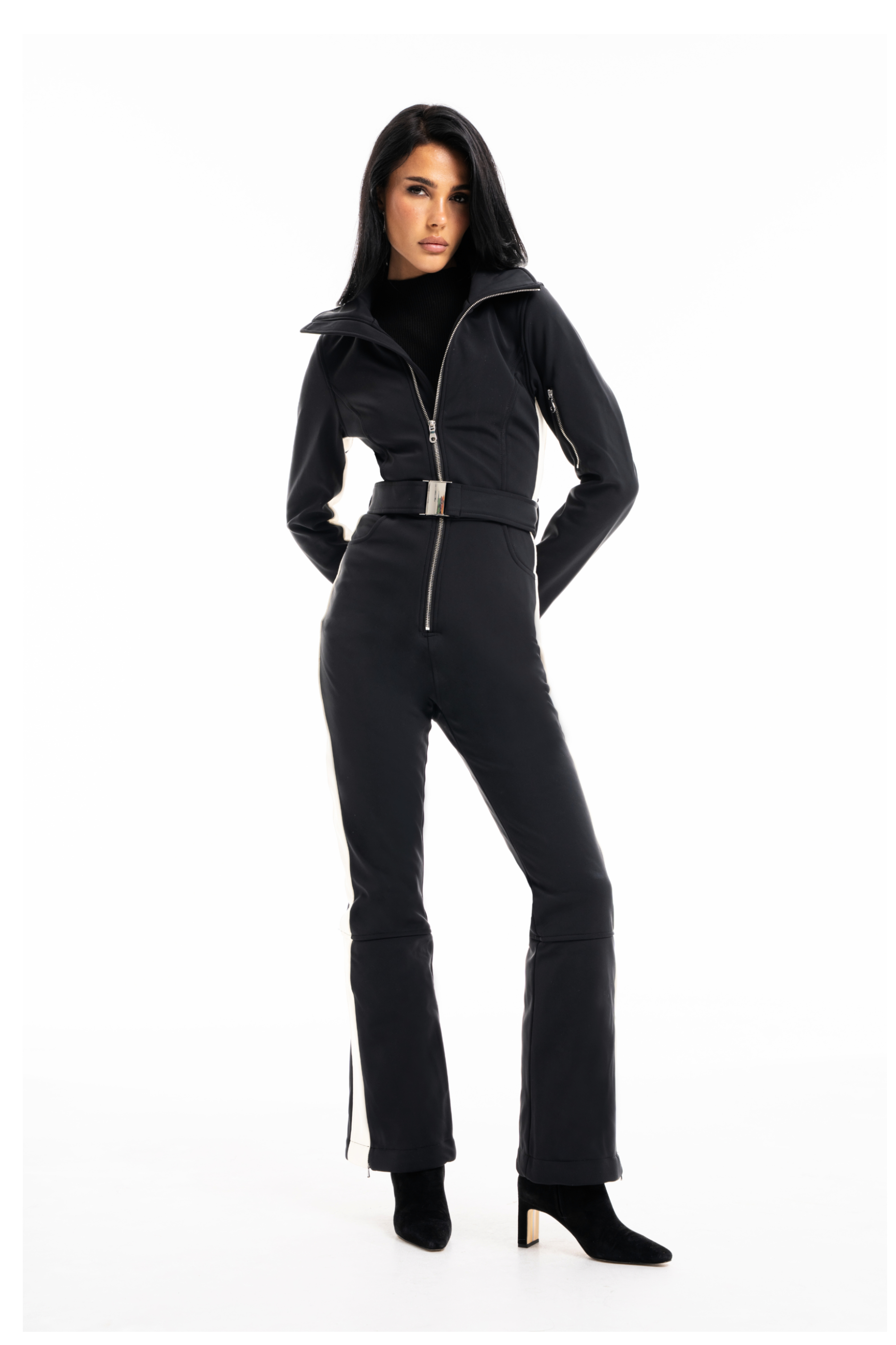 Siren one-piece women's ski suit in black, front view
