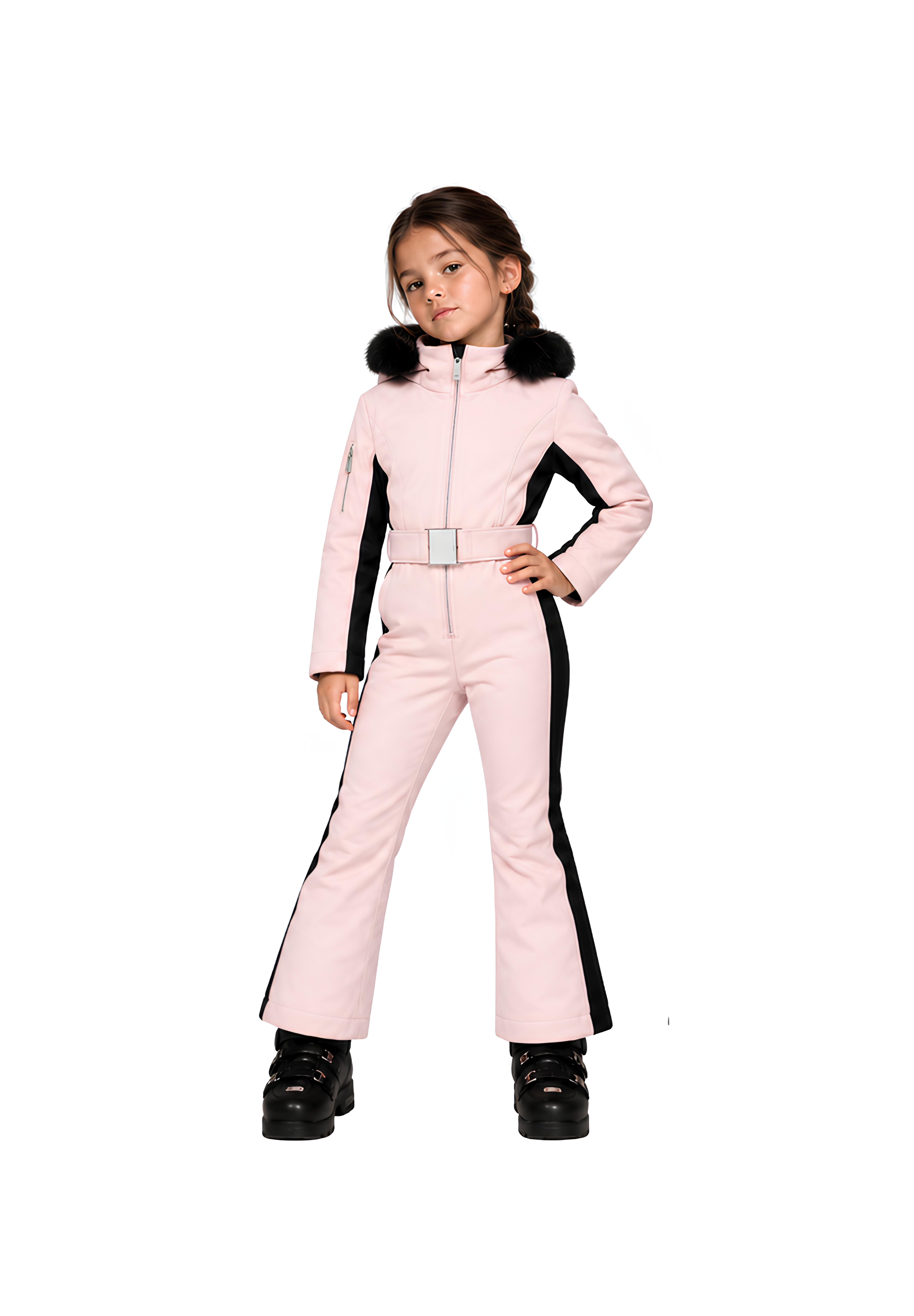 Poppy girls' one-piece ski suit in Powder Pink with fur-trim hood, front view