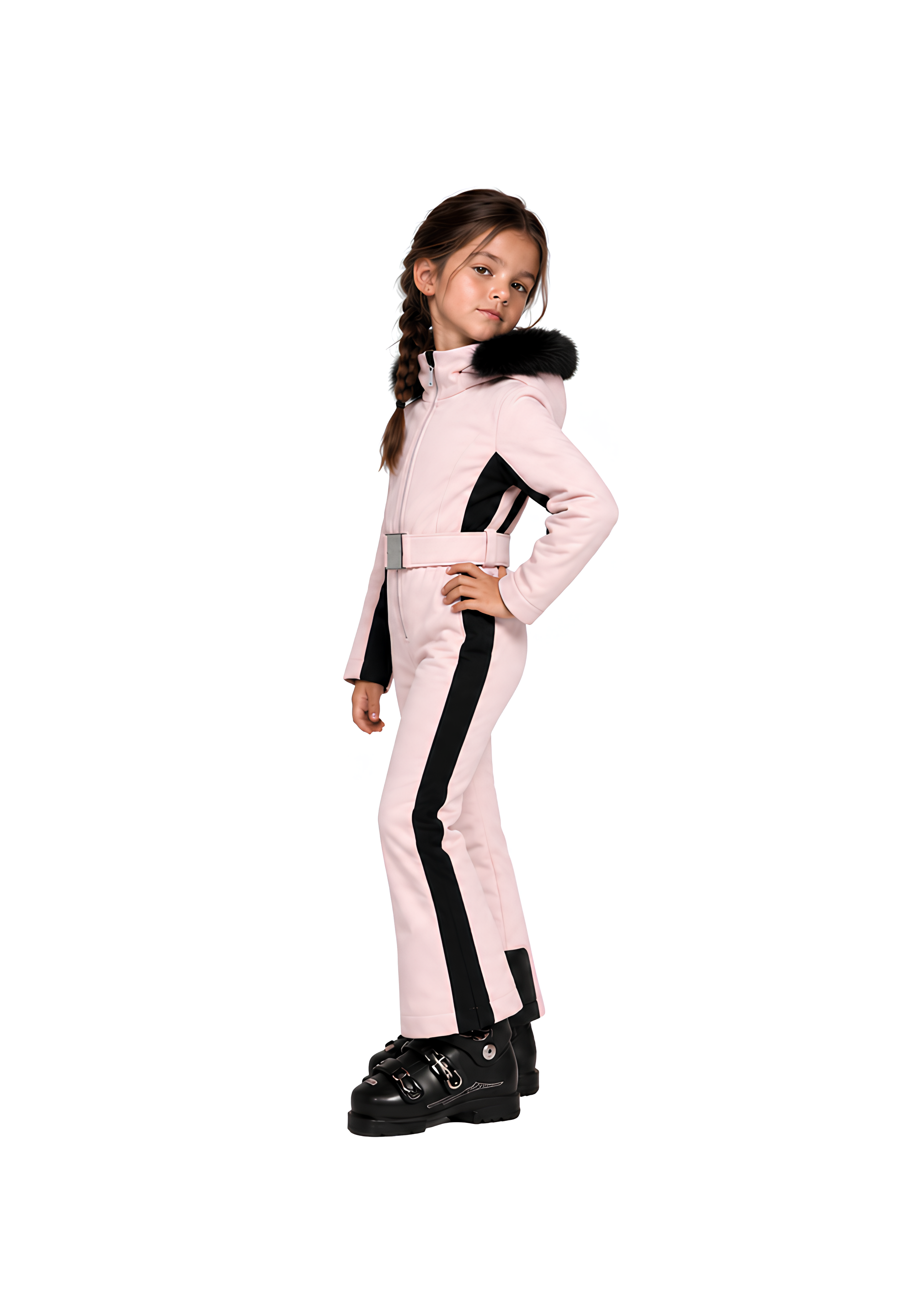 Poppy girls' ski suit in Powder Pink, side view