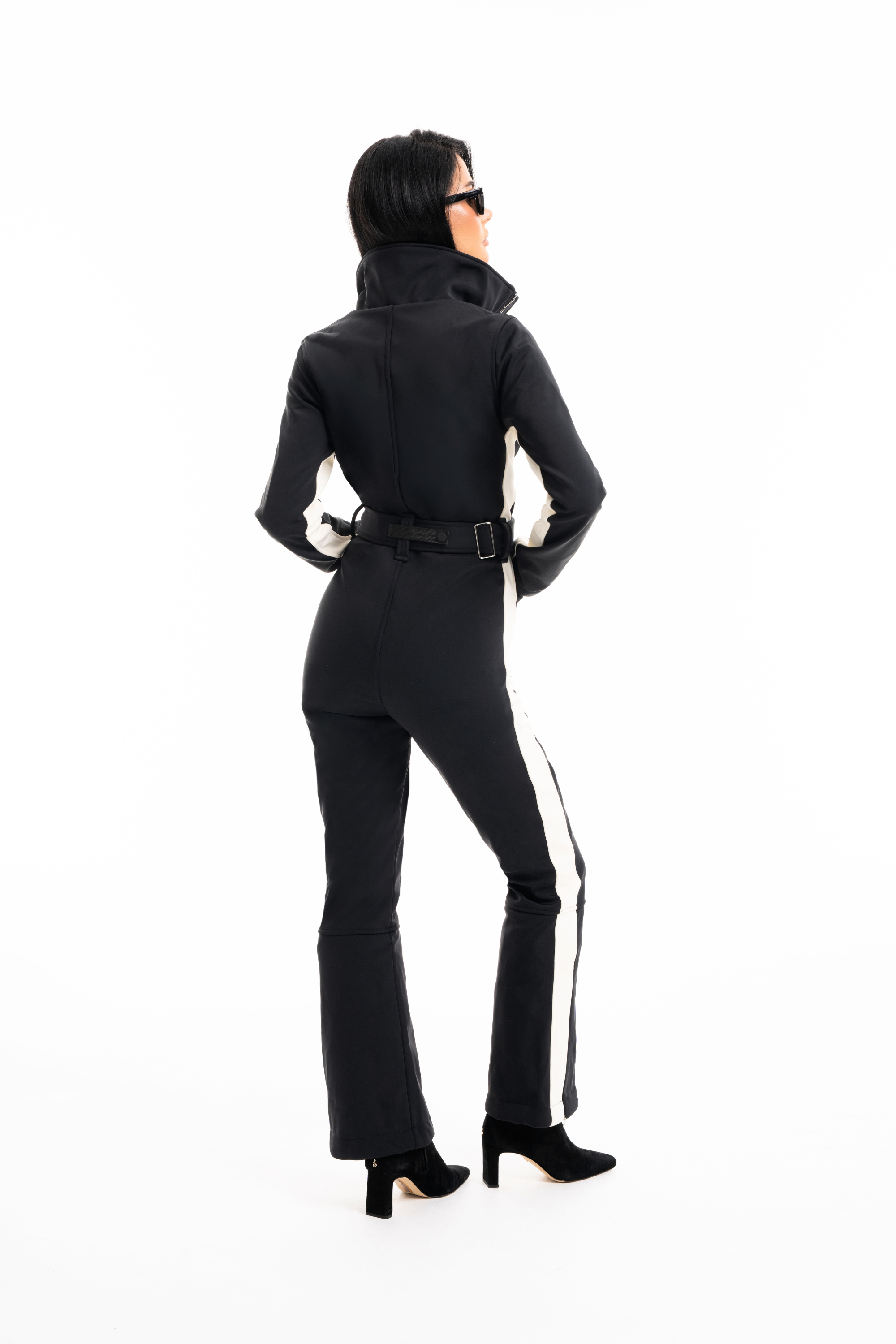 Siren one-piece women's ski suit in black, back view