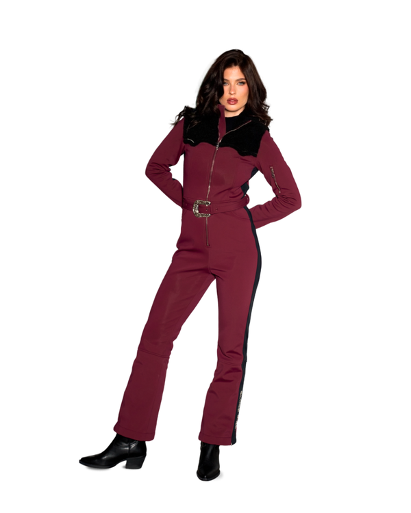 western ski suit, burgundy ski suit, women's ski suit, outfits for aspen, snowsuit women