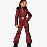 Poppy girls' one-piece ski suit in burgundy paisley with faux fur hood, front view