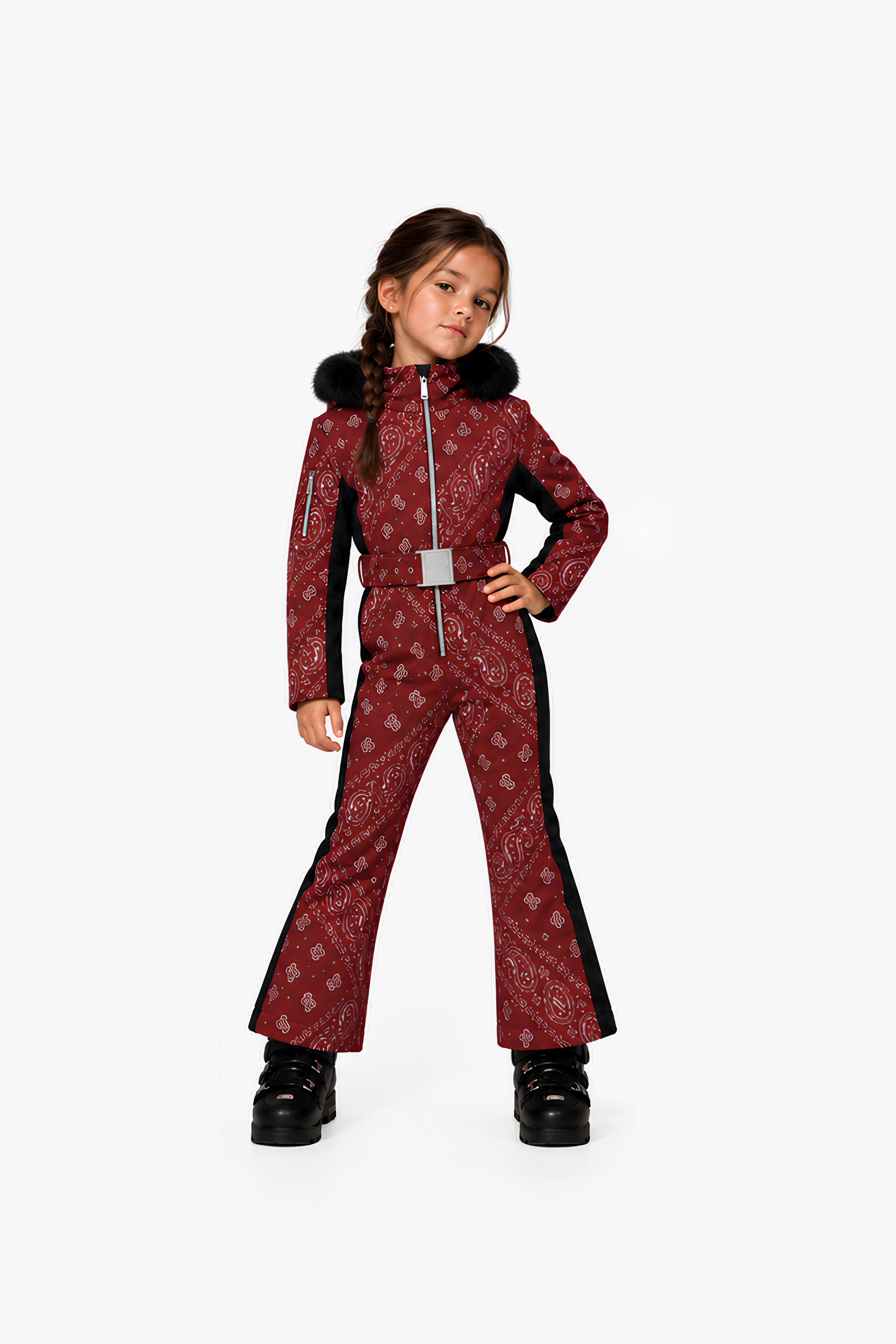 Poppy girls' one-piece ski suit in burgundy paisley with faux fur hood, front view