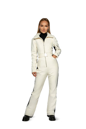 women's ski suit, white ski suit, cordova ski suit, halfdays ski suit, perfect moment ski suit, women snow suit, snowsuit