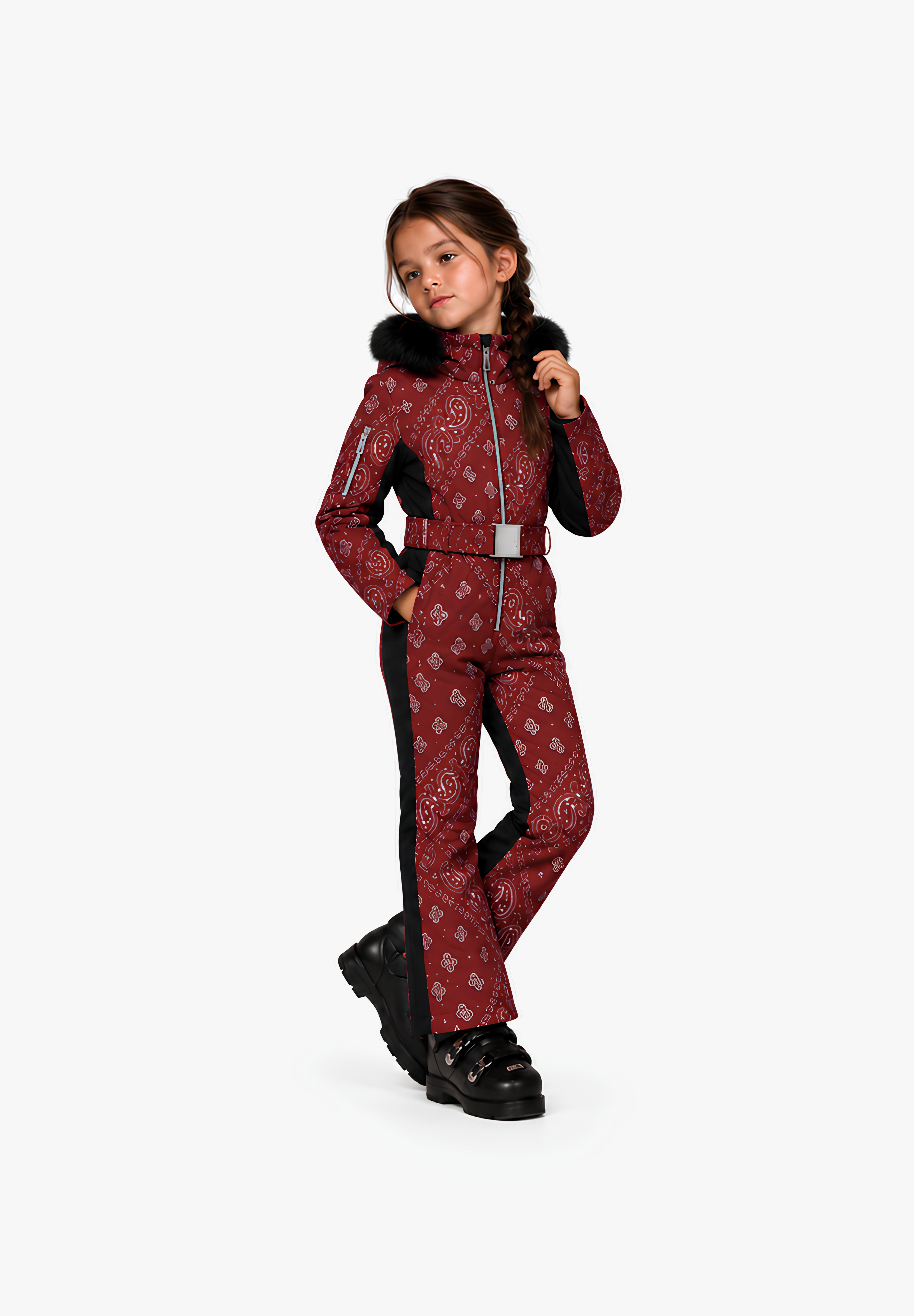 Poppy girls' ski suit in burgundy paisley, side view