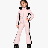 Poppy girls' one-piece ski suit in Powder Pink with faux fur hood, front view