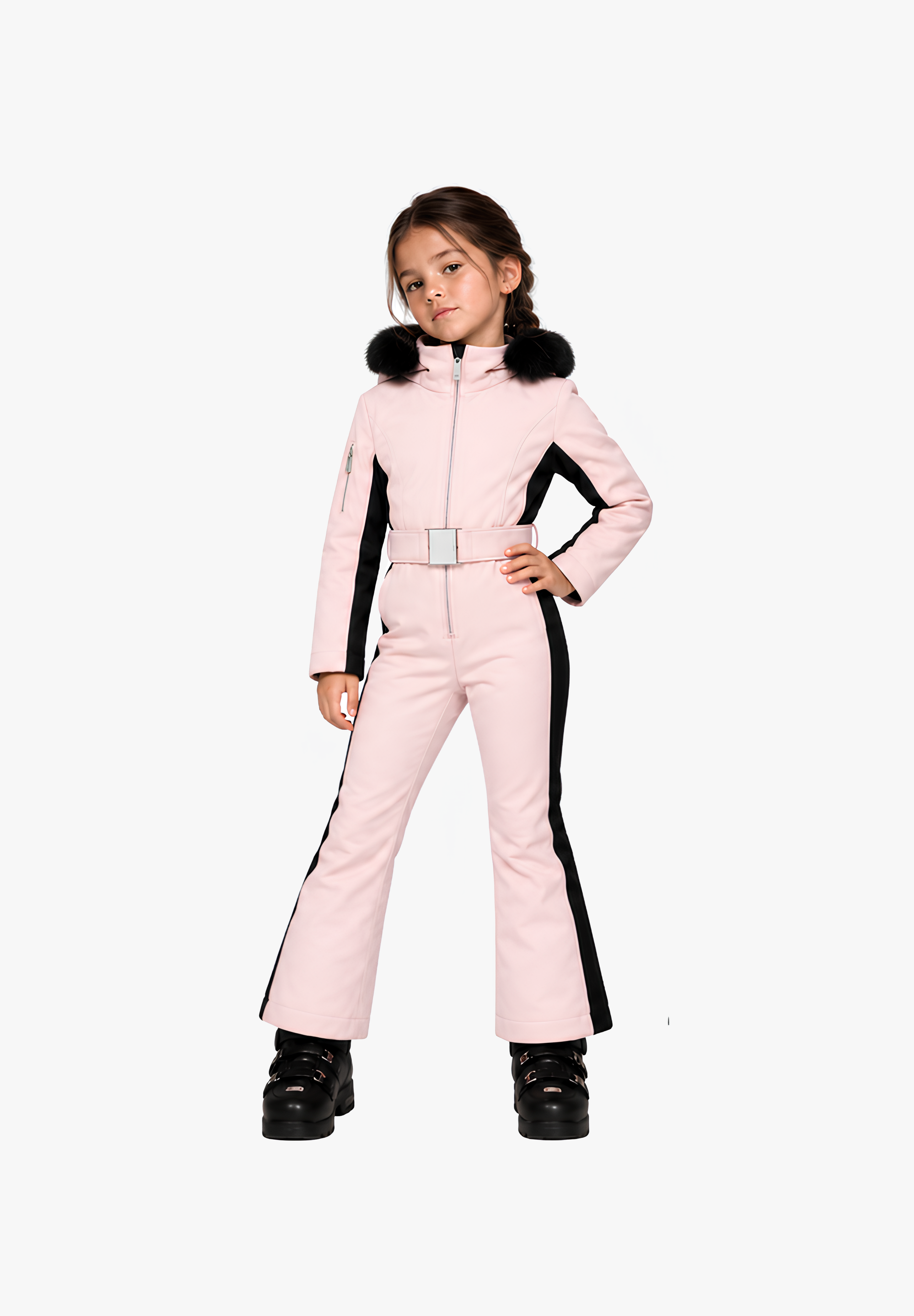 Poppy girls' one-piece ski suit in Powder Pink with faux fur hood, front view