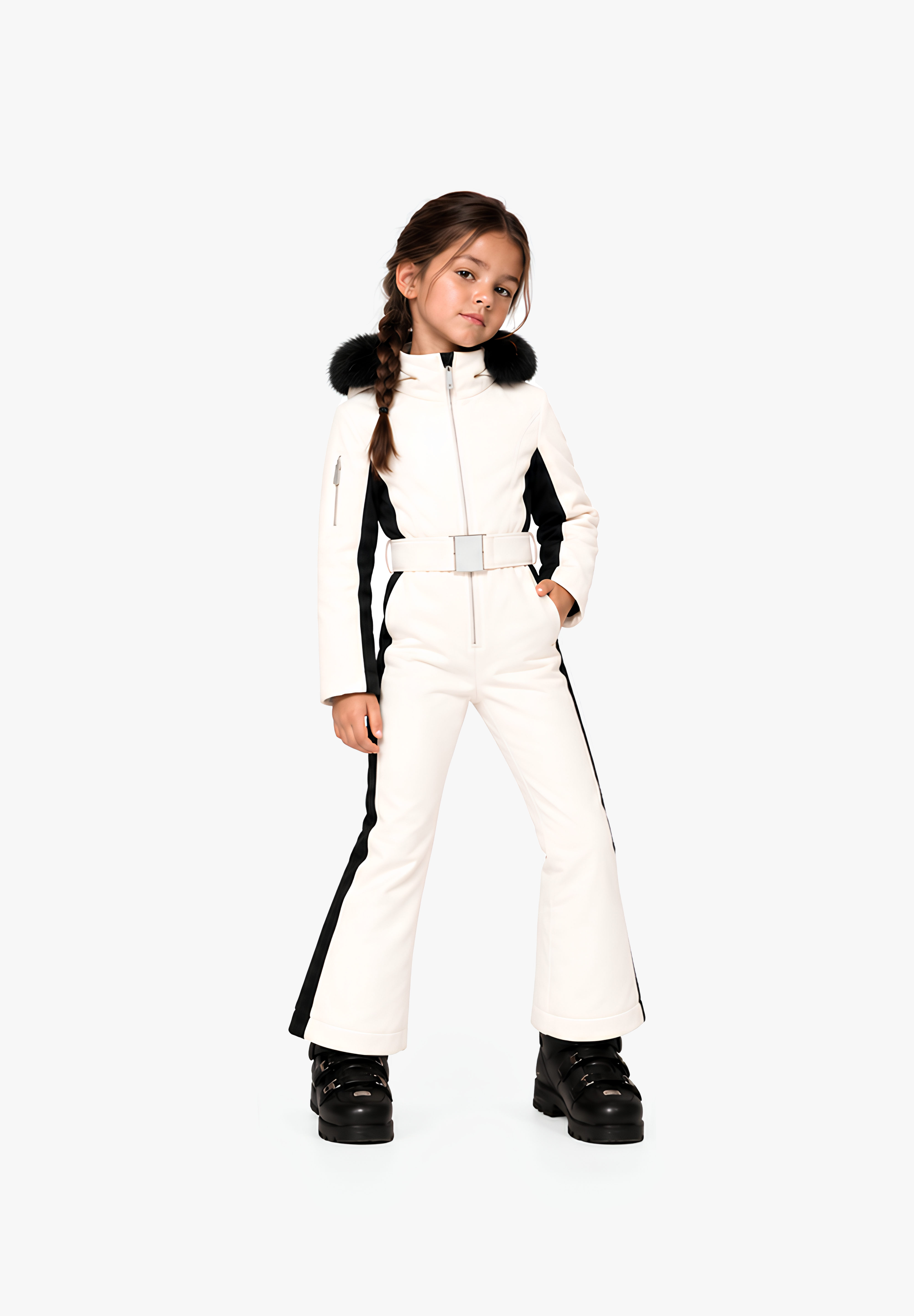 Poppy girls' one-piece ski suit in Powder White with faux fur hood, front view