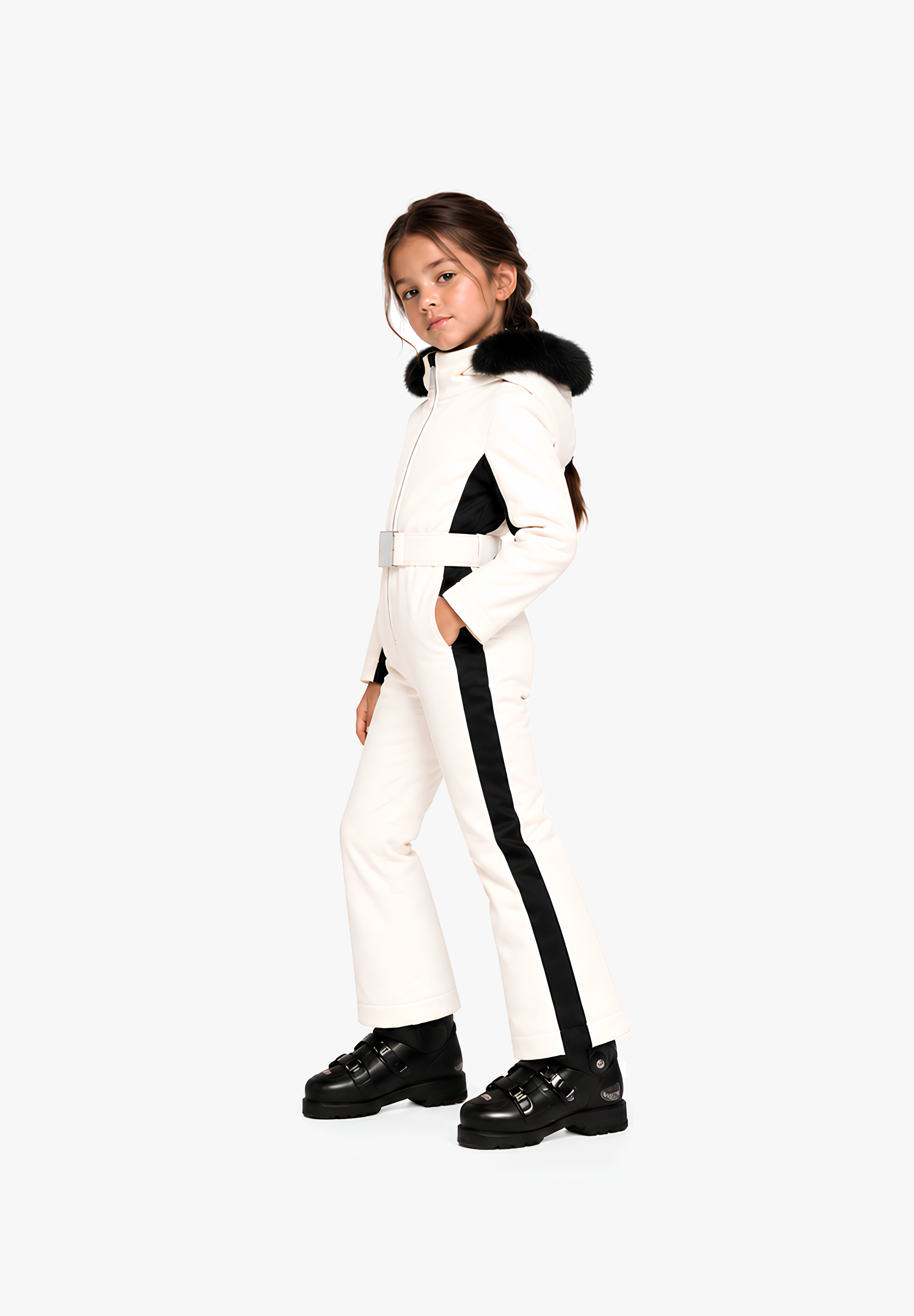 Poppy girls' ski suit in Powder White, side view